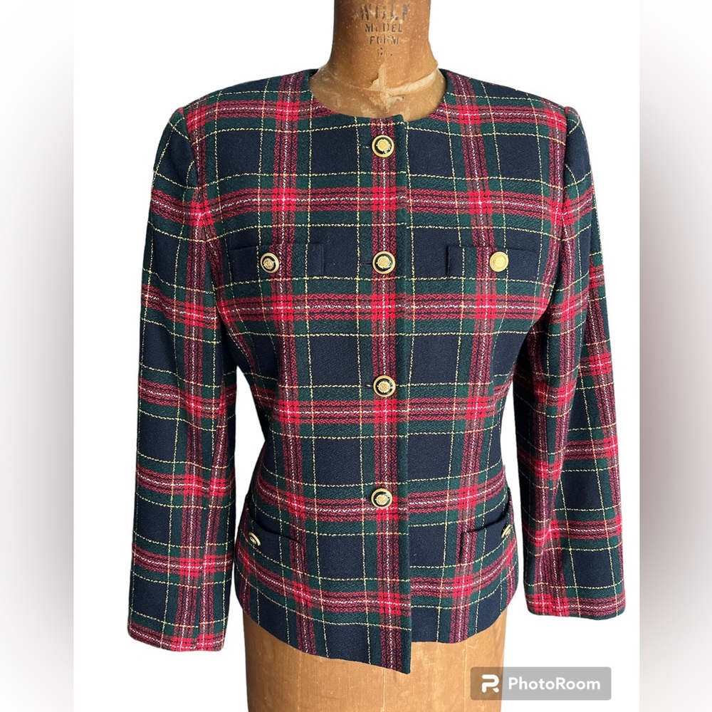 LE SUIT Vintage Collarless Tweed Jacket Black Red Green Gold SZ 8 EUC